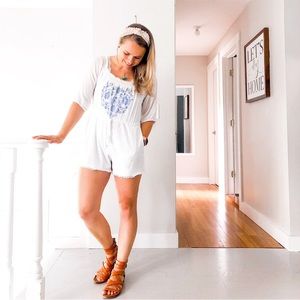 Anthropologie Blue Rain White and Blue Embroidered Romper